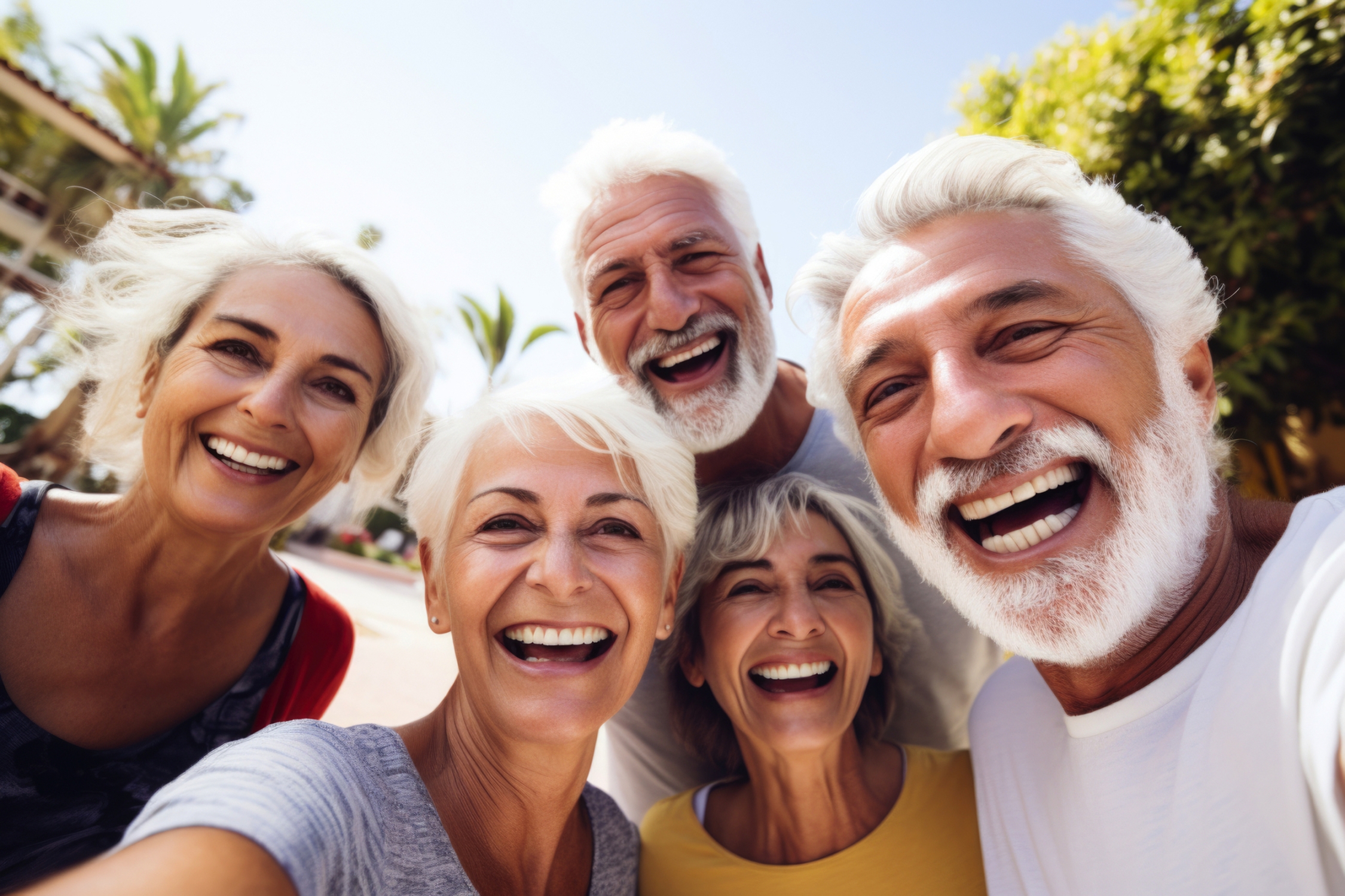 Gruppe älterer Menschen, die im Sommerurlaub ein Selfie machen